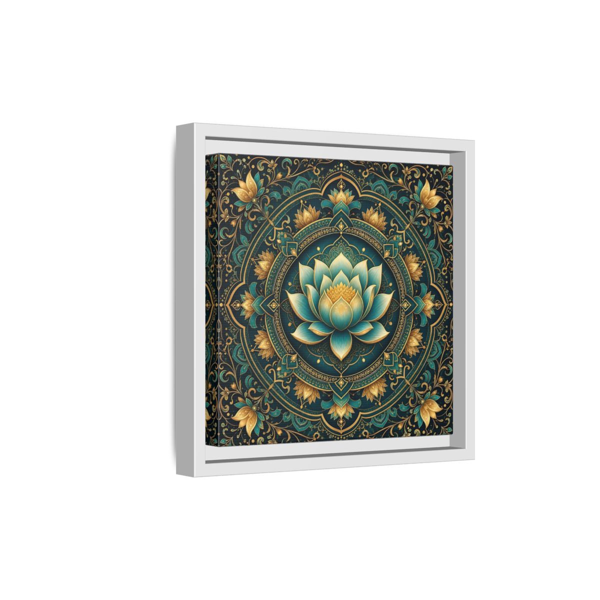 Side Mockup 19. Floral Lotus Flower Teal Gold Mandala shown as stretched canvas wall art