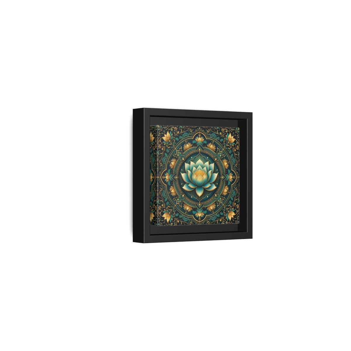 Side Mockup 24. Floral Lotus Flower Teal Gold Mandala shown as stretched canvas wall art