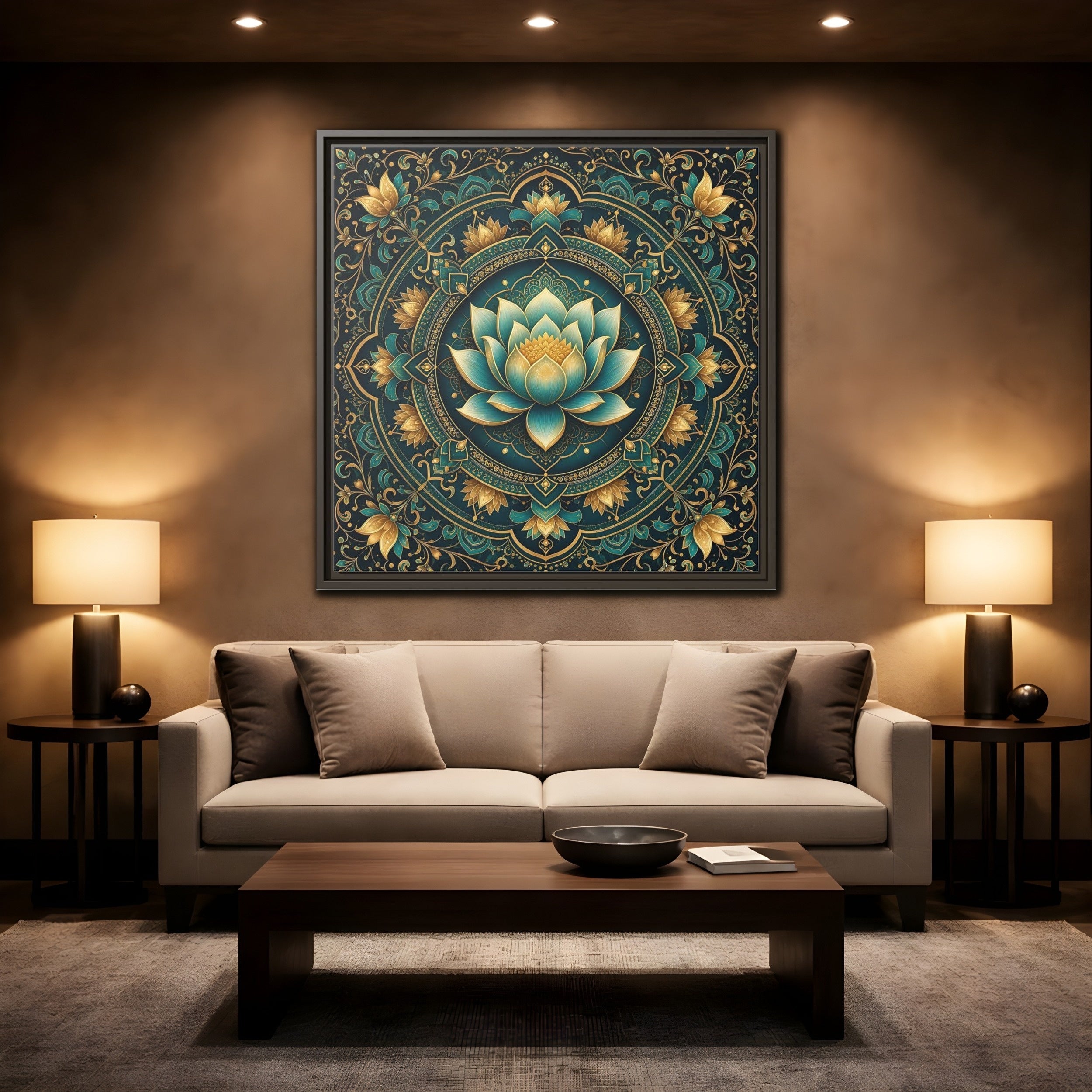 Mockup 2. Floral Lotus Flower Teal Gold Mandala shown as stretched canvas wall art