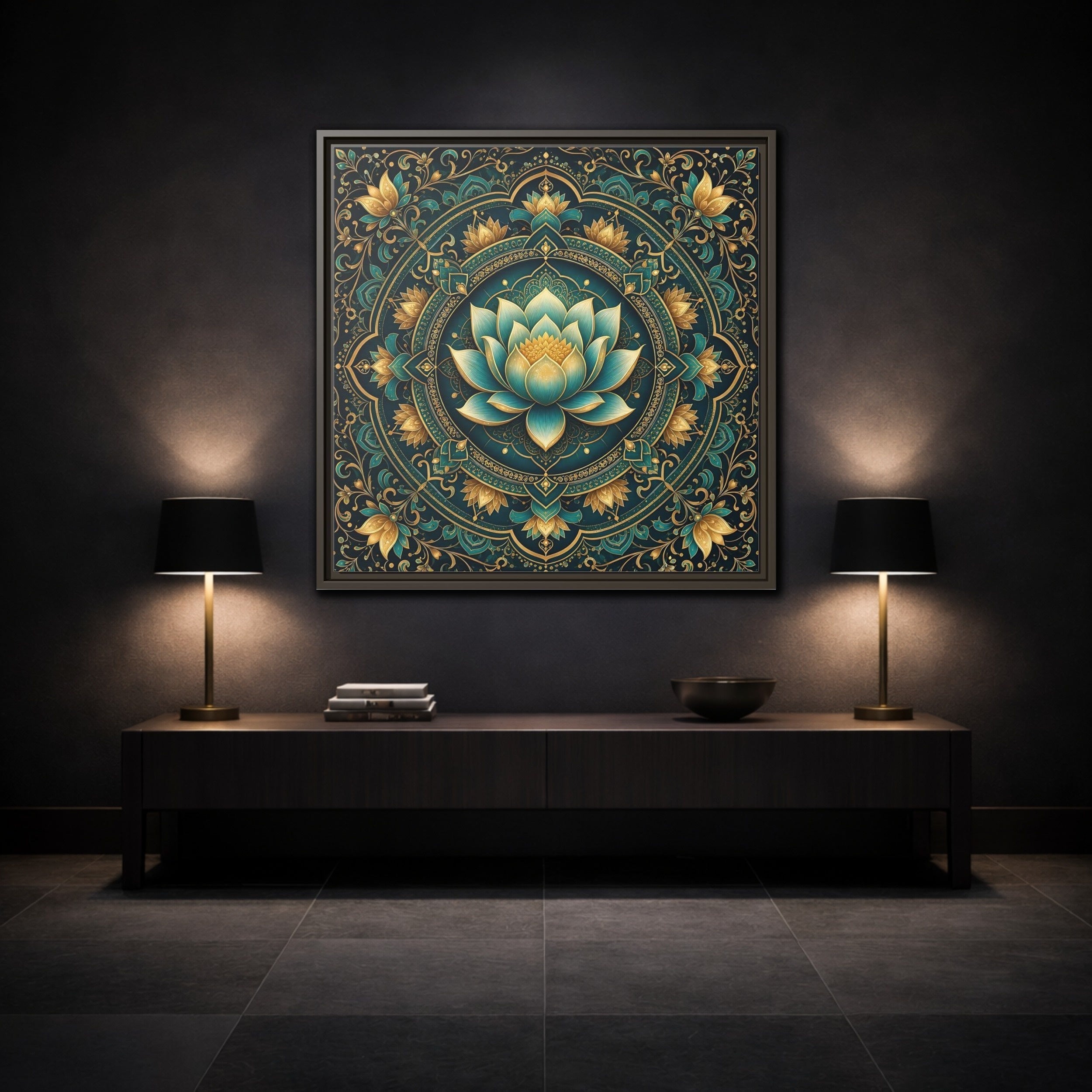 Mockup 3. Floral Lotus Flower Teal Gold Mandala shown as stretched canvas wall art