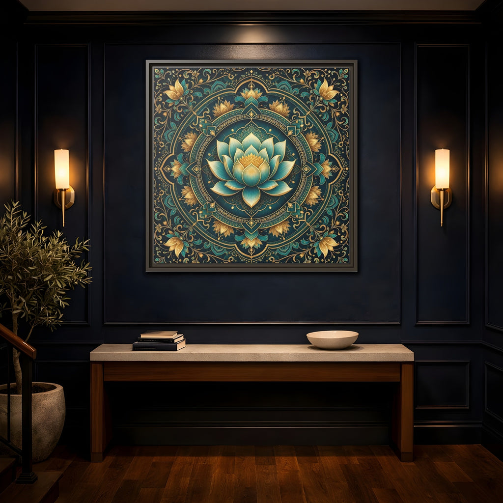 Mockup 4. Floral Lotus Flower Teal Gold Mandala shown as stretched canvas wall art