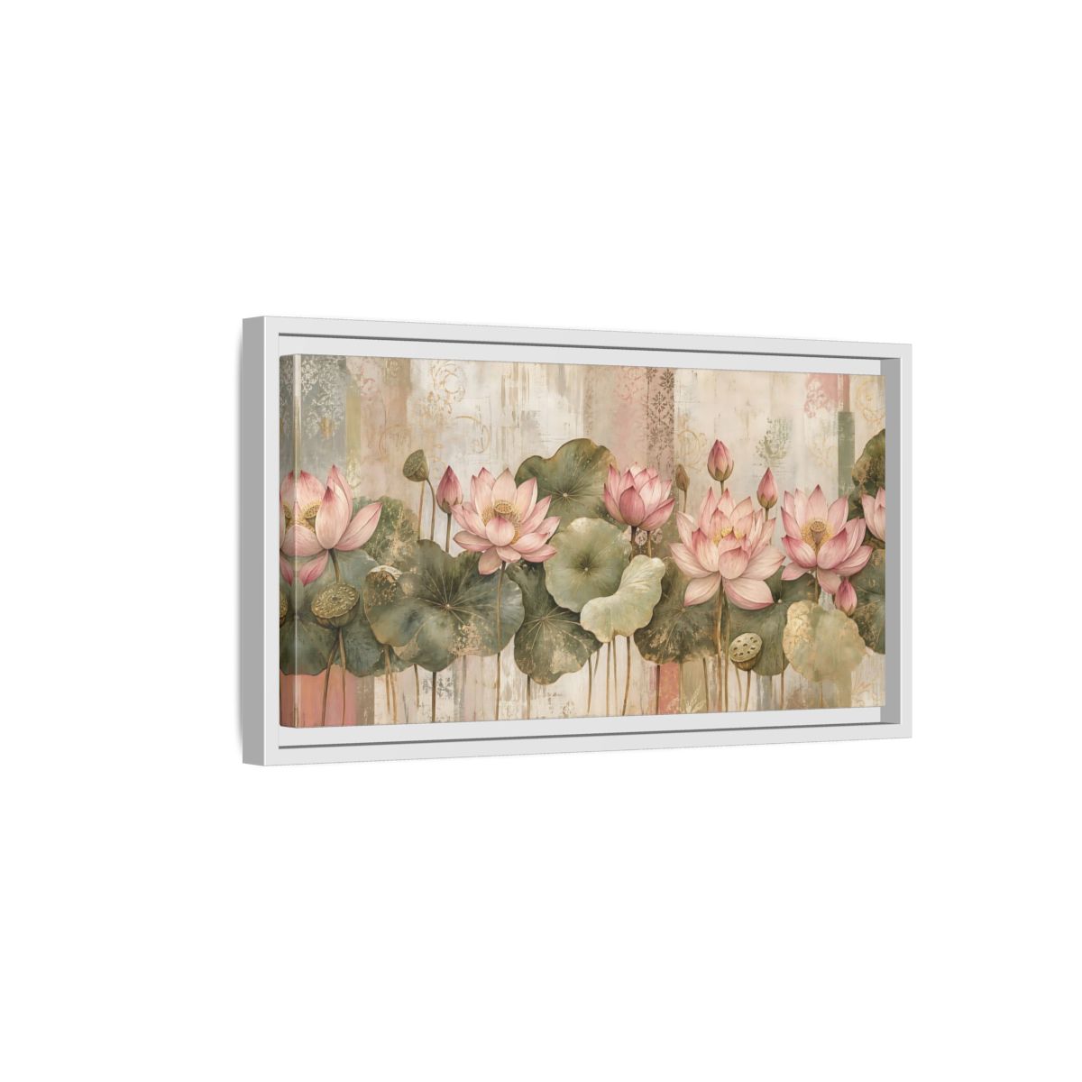 Side Mockup 6. Floral Lotus Flowers Pink Lotus Floral shown as stretched canvas wall art