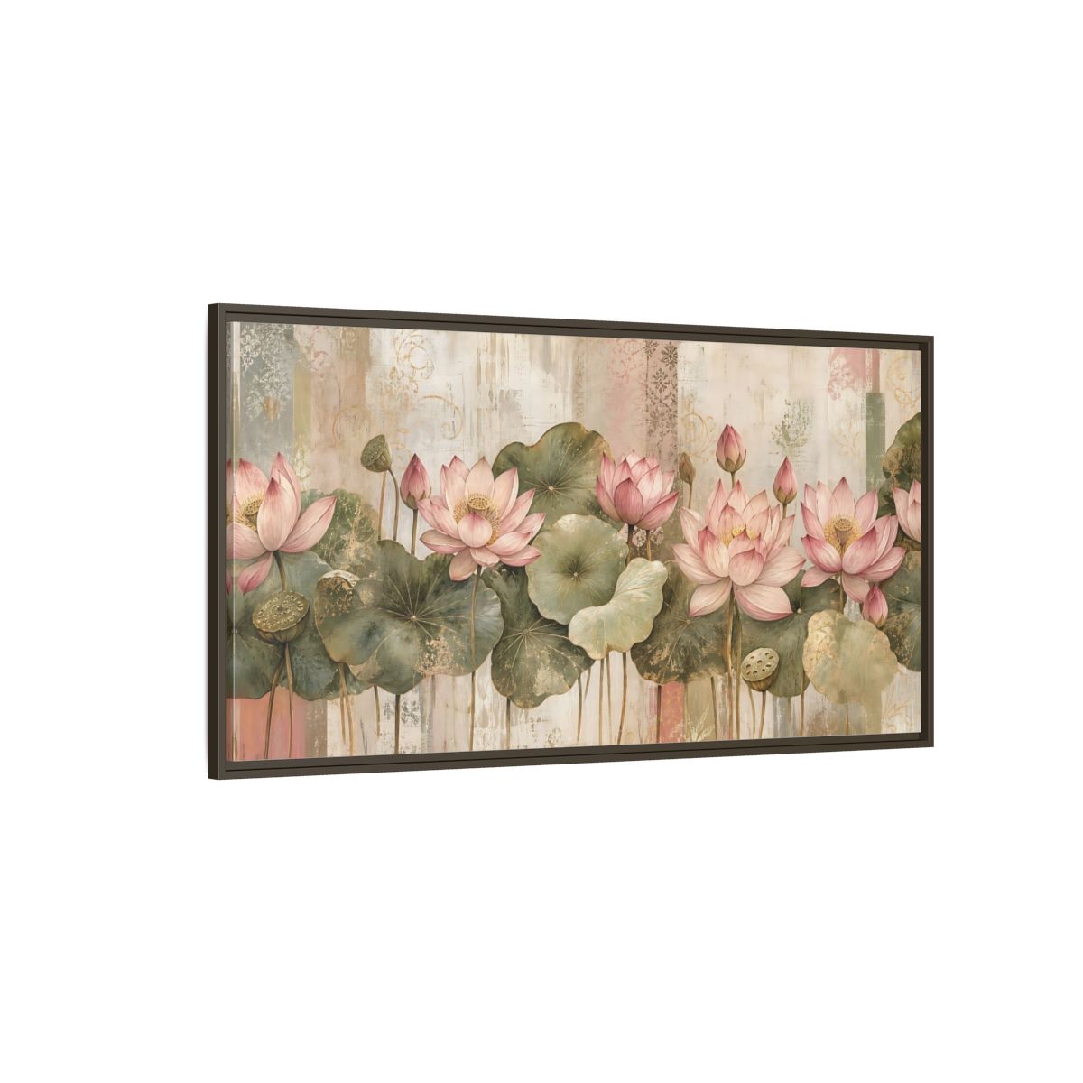 Side Mockup 4. Floral Lotus Flowers Pink Lotus Floral shown as stretched canvas wall art