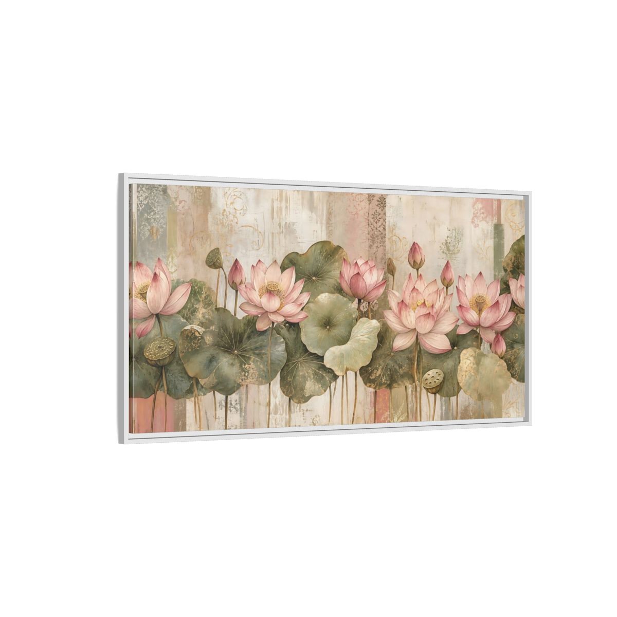 Side Mockup 3. Floral Lotus Flowers Pink Lotus Floral shown as stretched canvas wall art