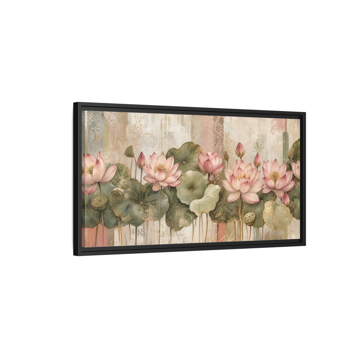 Side Mockup 2. Floral Lotus Flowers Pink Lotus Floral shown as stretched canvas wall art