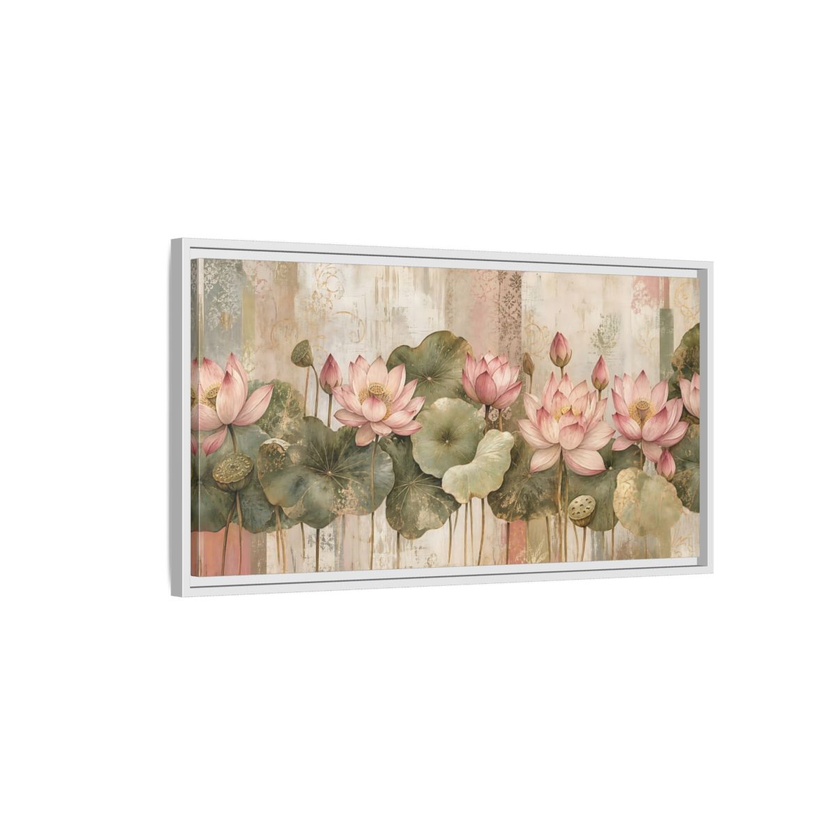 Side Mockup 1. Floral Lotus Flowers Pink Lotus Floral shown as stretched canvas wall art