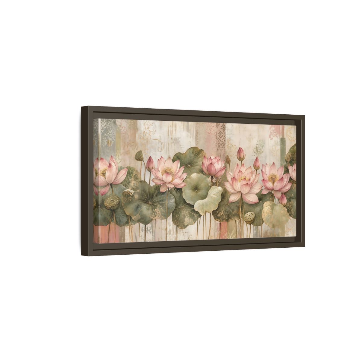 Side Mockup 7. Floral Lotus Flowers Pink Lotus Floral shown as stretched canvas wall art