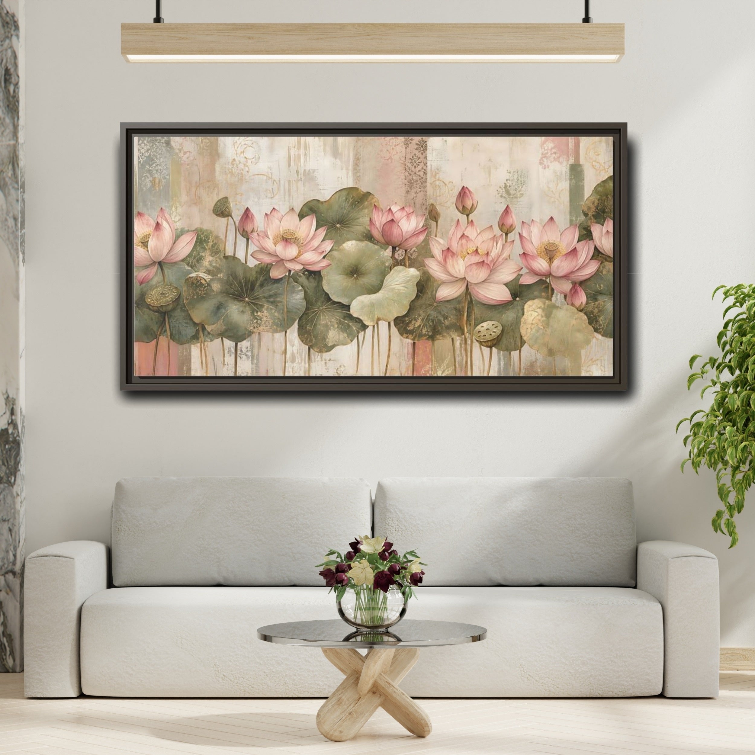 Mockup 2. Floral Lotus Flowers Pink Lotus Floral shown as stretched canvas wall art
