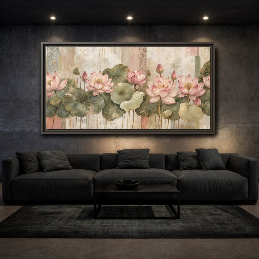 Mockup 3. Floral Lotus Flowers Pink Lotus Floral shown as stretched canvas wall art