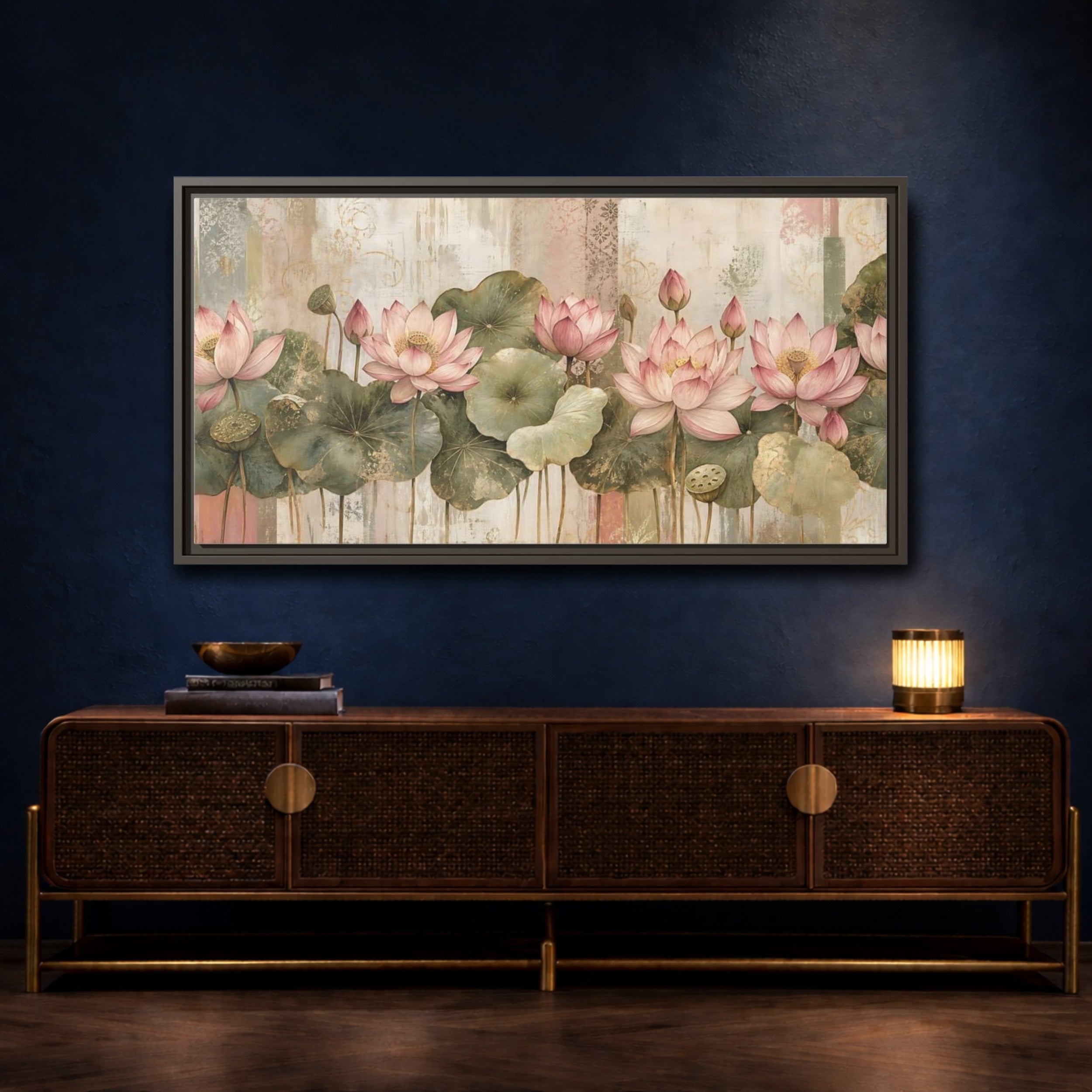 Mockup 4. Floral Lotus Flowers Pink Lotus Floral shown as stretched canvas wall art