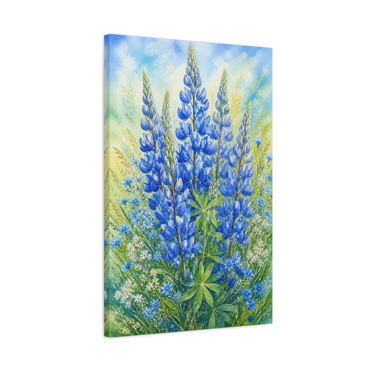 Side Mockup 2. Floral Lupine Blue And Green Floral shown as stretched canvas wall art