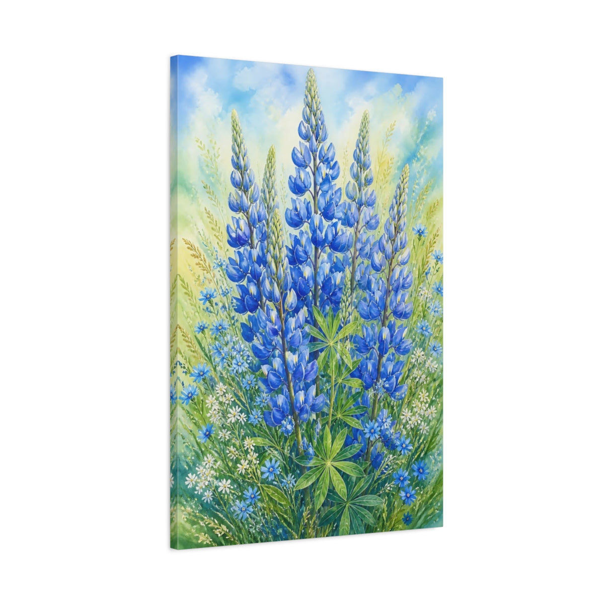 Main Mockup. Floral Lupine Blue And Green Floral shown as stretched canvas wall art