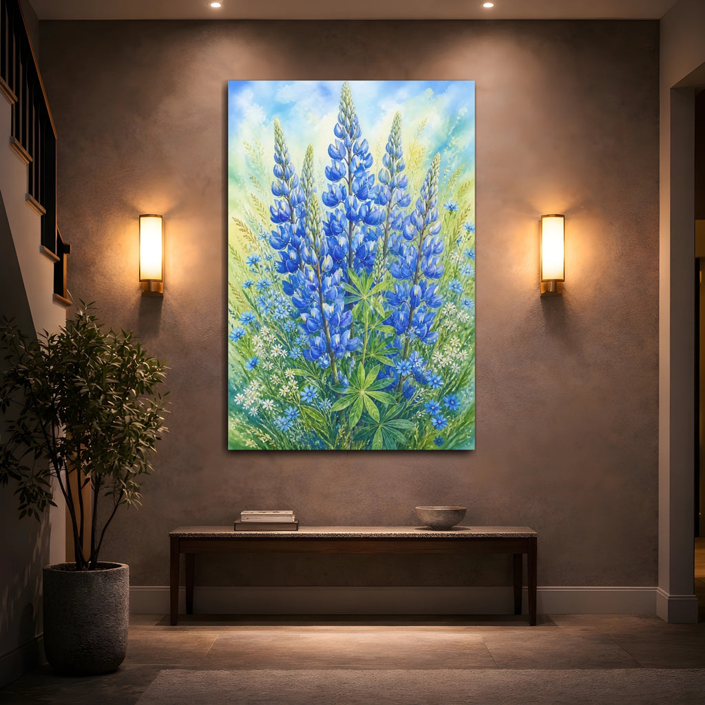 Mockup 2. Floral Lupine Blue And Green Floral shown as stretched canvas wall art