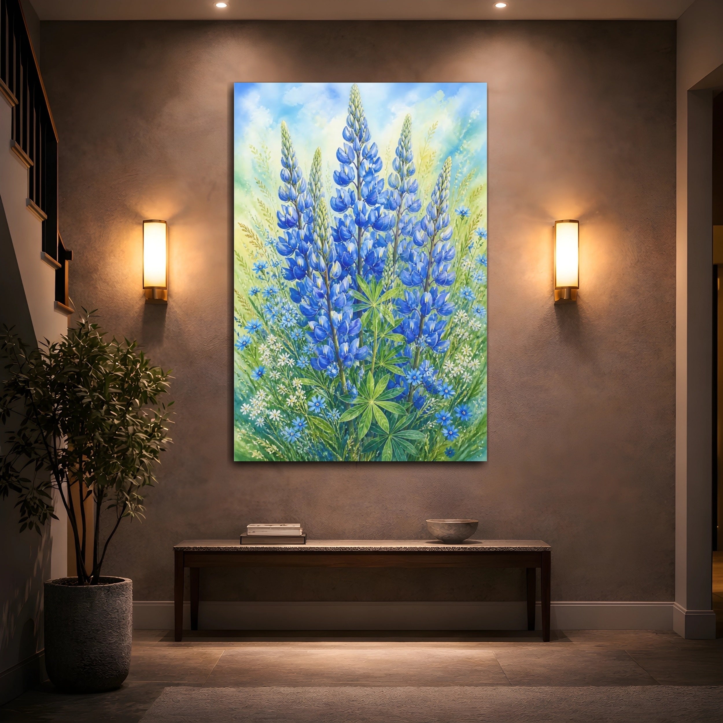 Mockup 2. Floral Lupine Blue And Green Floral shown as stretched canvas wall art