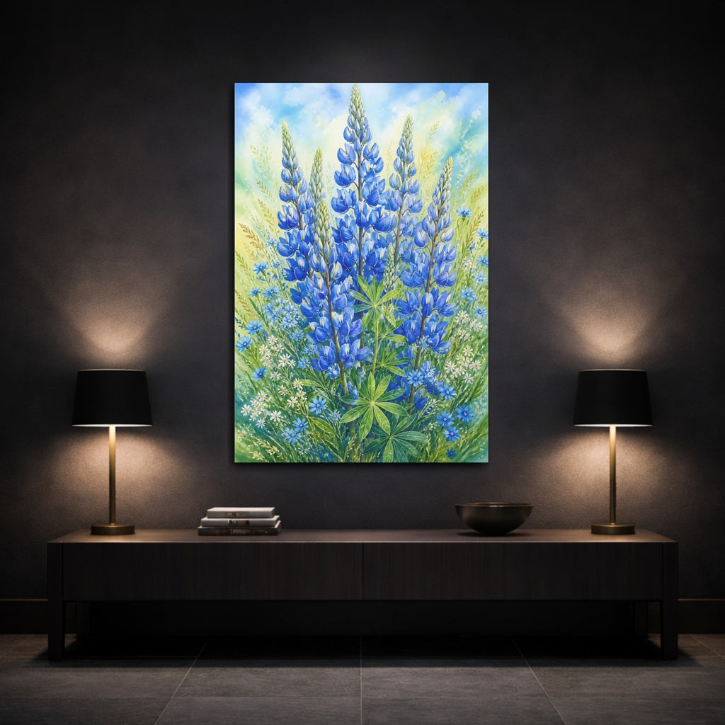 Mockup 3. Floral Lupine Blue And Green Floral shown as stretched canvas wall art