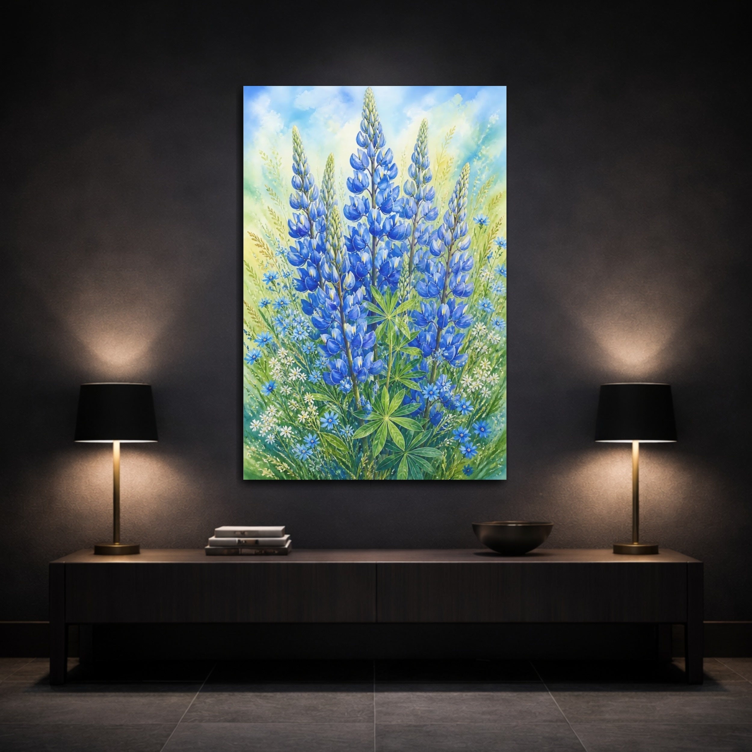 Mockup 3. Floral Lupine Blue And Green Floral shown as stretched canvas wall art