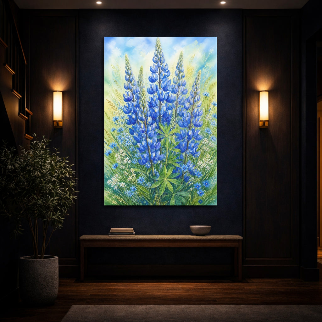 Mockup 4. Floral Lupine Blue And Green Floral shown as stretched canvas wall art