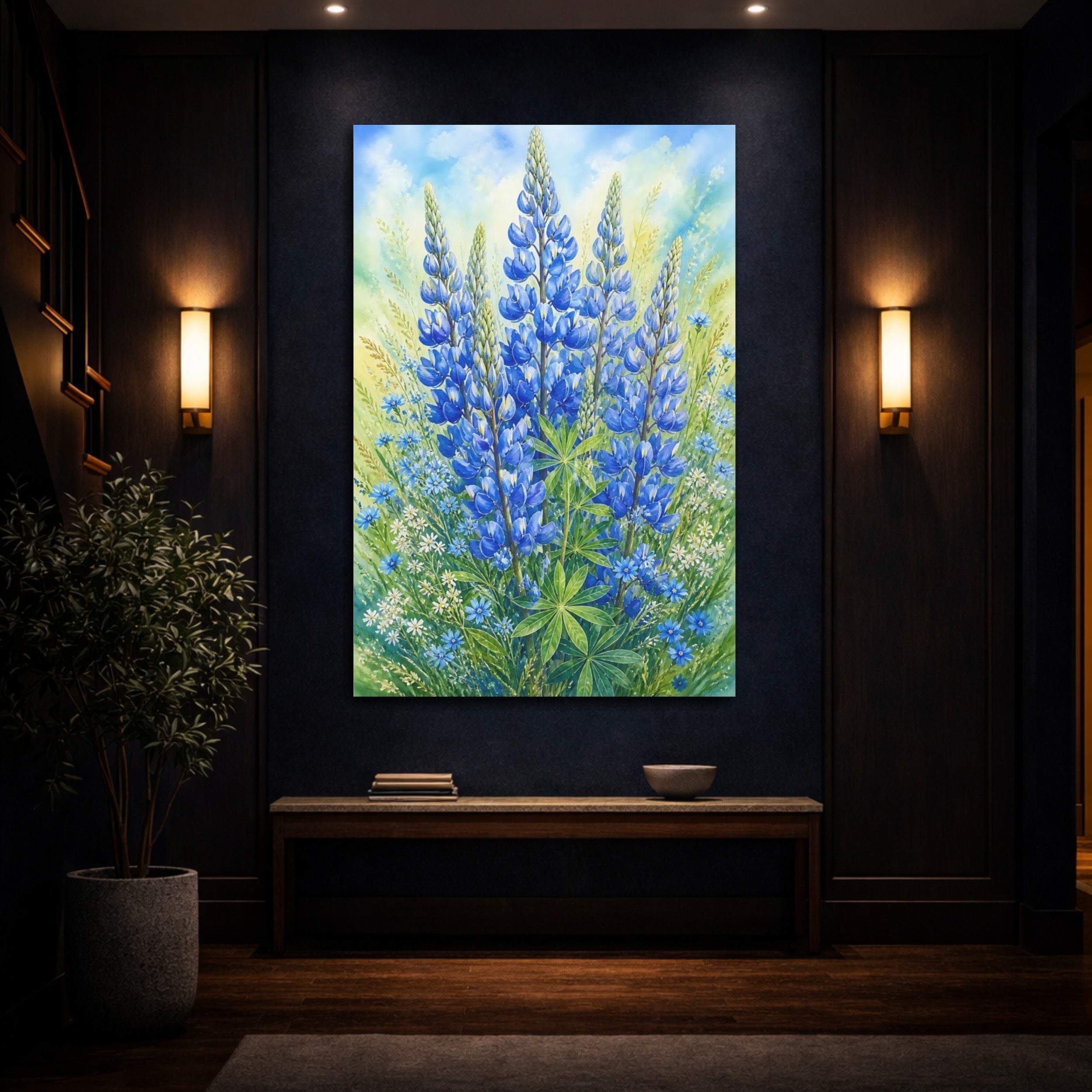 Mockup 4. Floral Lupine Blue And Green Floral shown as stretched canvas wall art