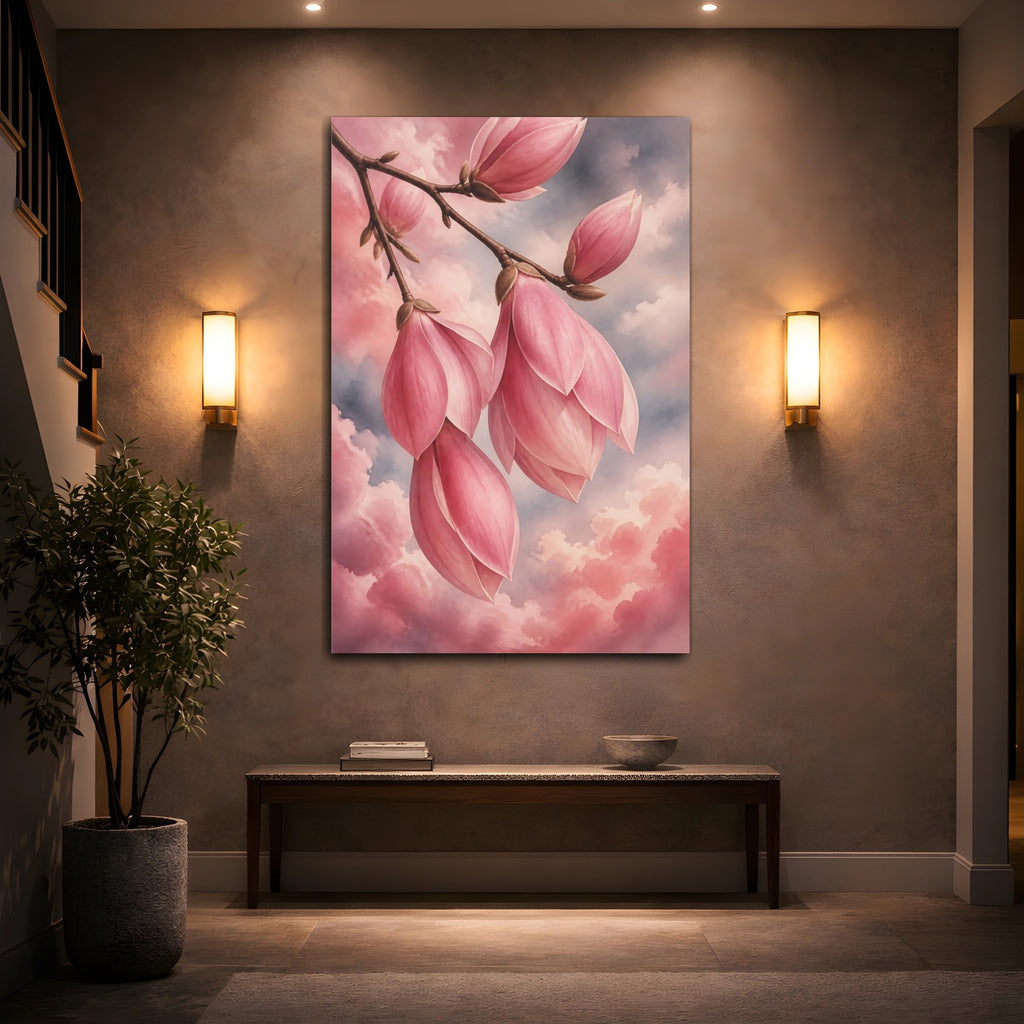 Mockup 2. Floral Magnolia Flowers Pink Magnolia shown as stretched canvas wall art