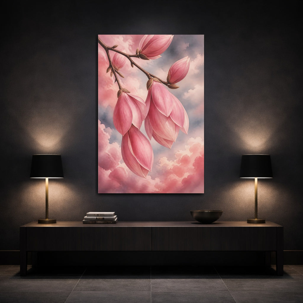 Mockup 3. Floral Magnolia Flowers Pink Magnolia shown as stretched canvas wall art