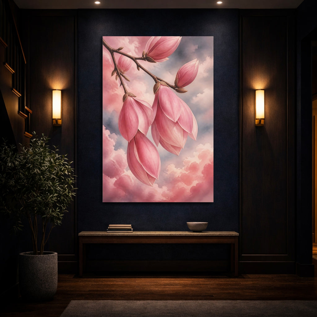 Mockup 4. Floral Magnolia Flowers Pink Magnolia shown as stretched canvas wall art