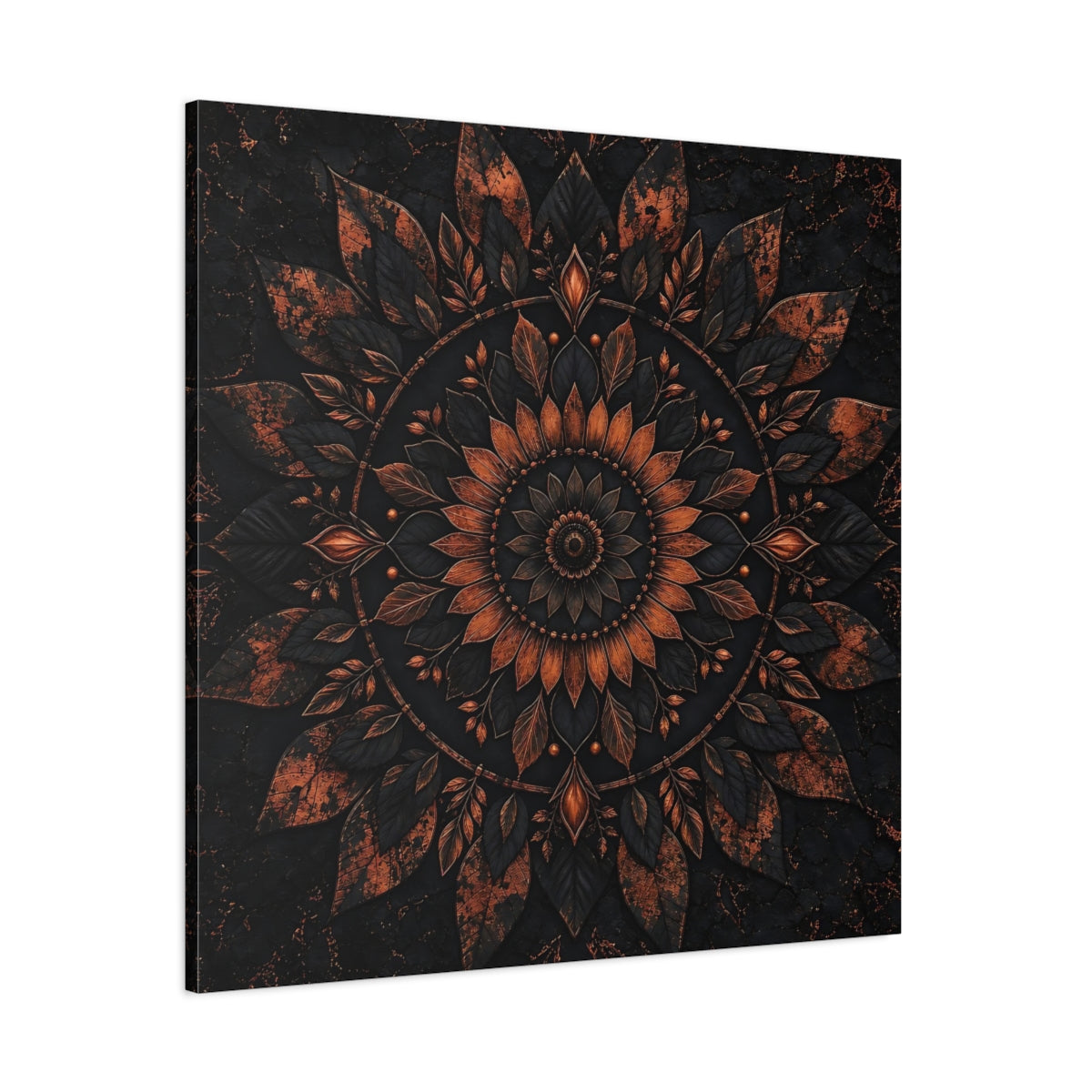 Side Mockup 1. Floral Floral Mandala Black And Copper shown as stretched canvas wall art