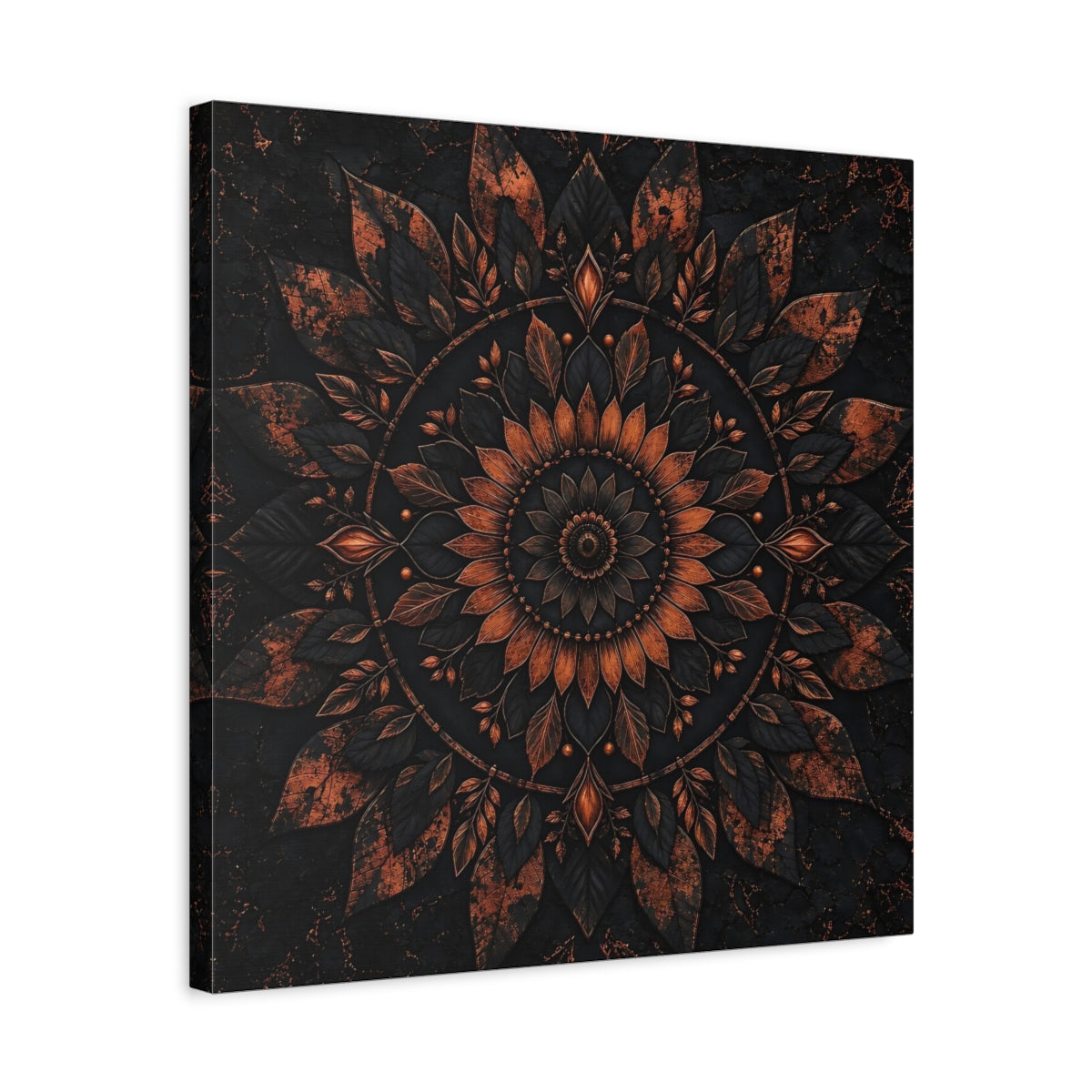 Side Mockup 5. Floral Floral Mandala Black And Copper shown as stretched canvas wall art