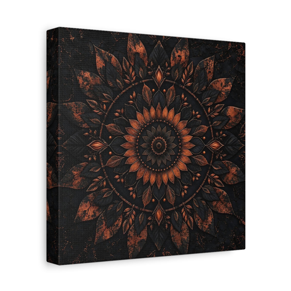 Side Mockup 9. Floral Floral Mandala Black And Copper shown as stretched canvas wall art
