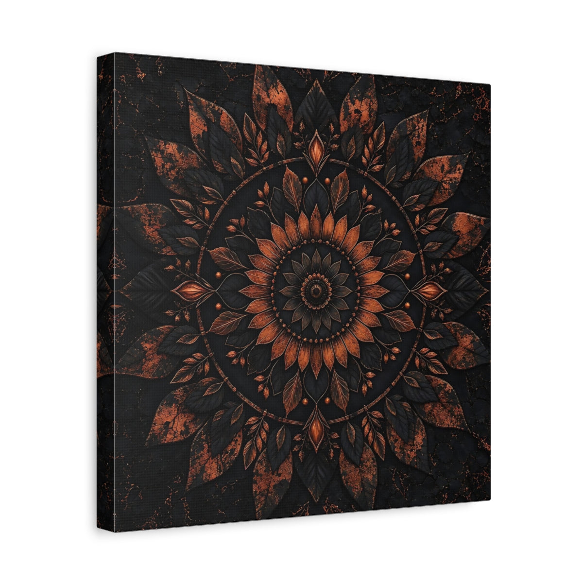 Side Mockup 7. Floral Floral Mandala Black And Copper shown as stretched canvas wall art