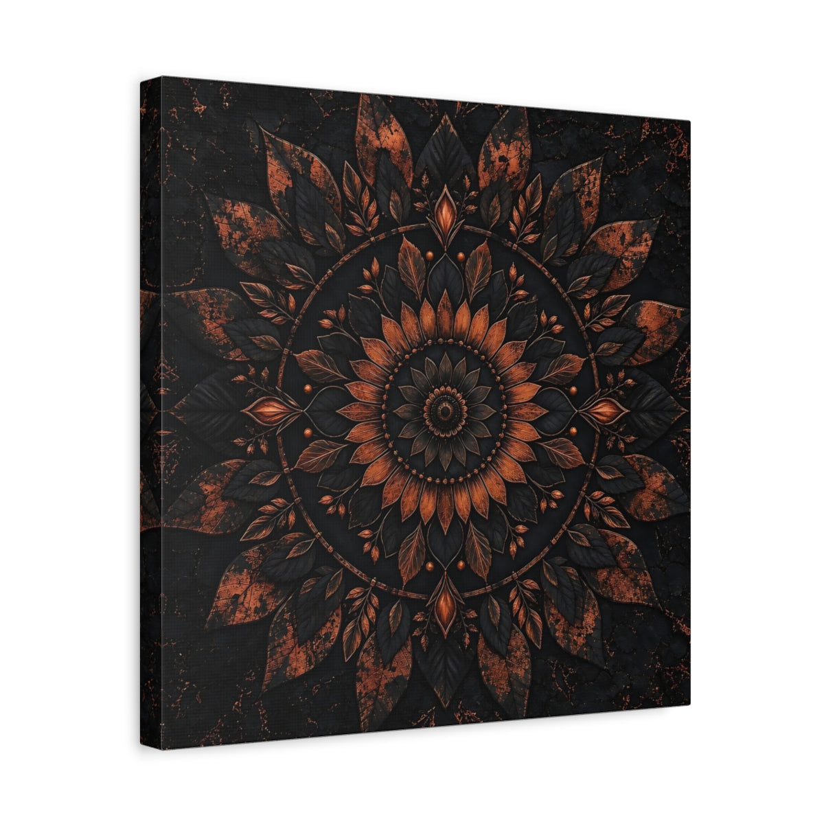 Side Mockup 6. Floral Floral Mandala Black And Copper shown as stretched canvas wall art