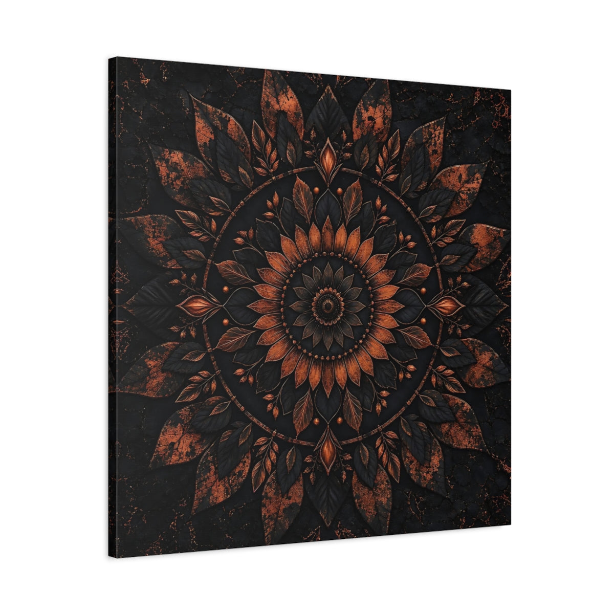 Side Mockup 3. Floral Floral Mandala Black And Copper shown as stretched canvas wall art