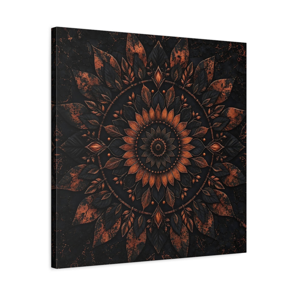 Side Mockup 4. Floral Floral Mandala Black And Copper shown as stretched canvas wall art