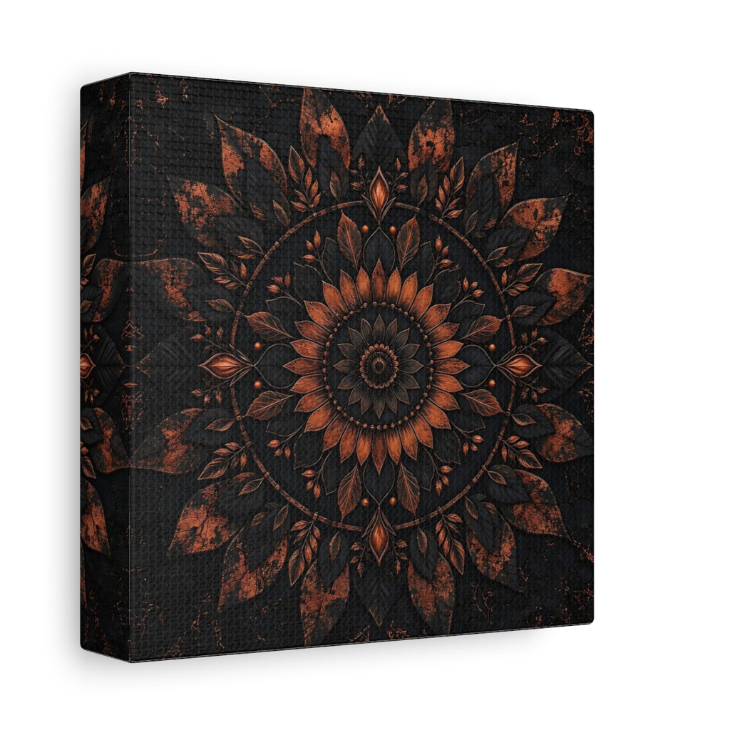 Side Mockup 2. Floral Floral Mandala Black And Copper shown as stretched canvas wall art