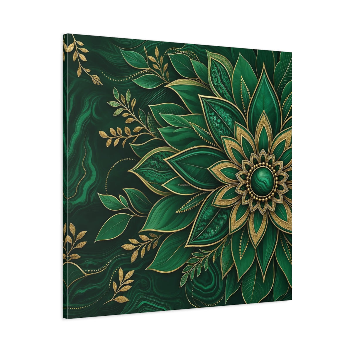 Main Mockup. Floral Mandala Flower Emerald Gold shown as stretched canvas wall art