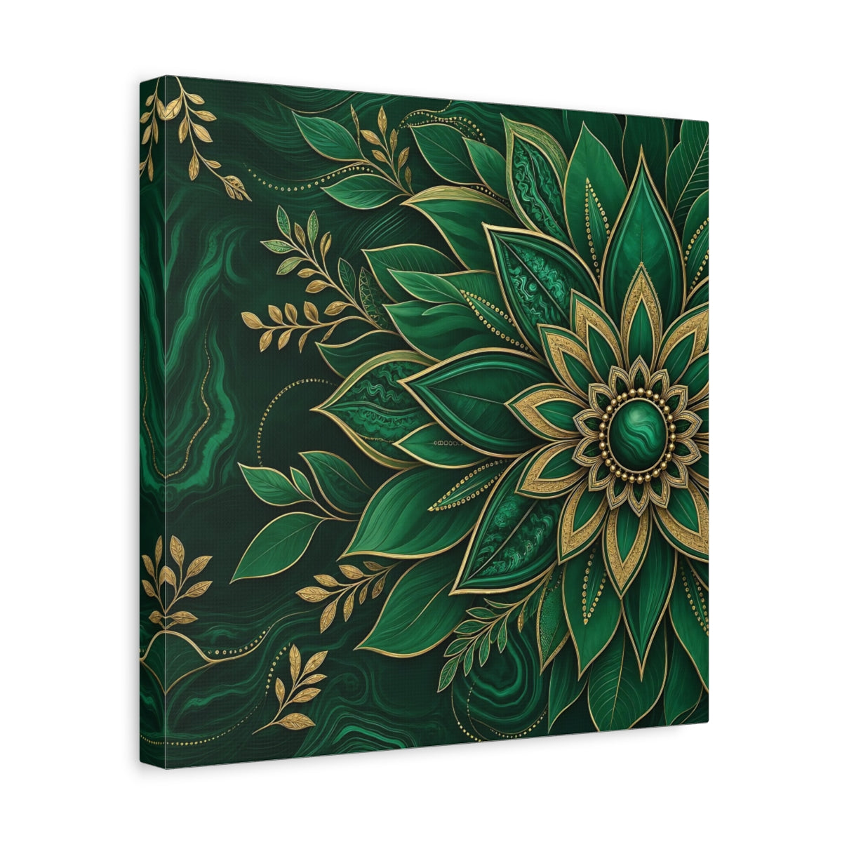 Side Mockup 7. Floral Mandala Flower Emerald Gold shown as stretched canvas wall art