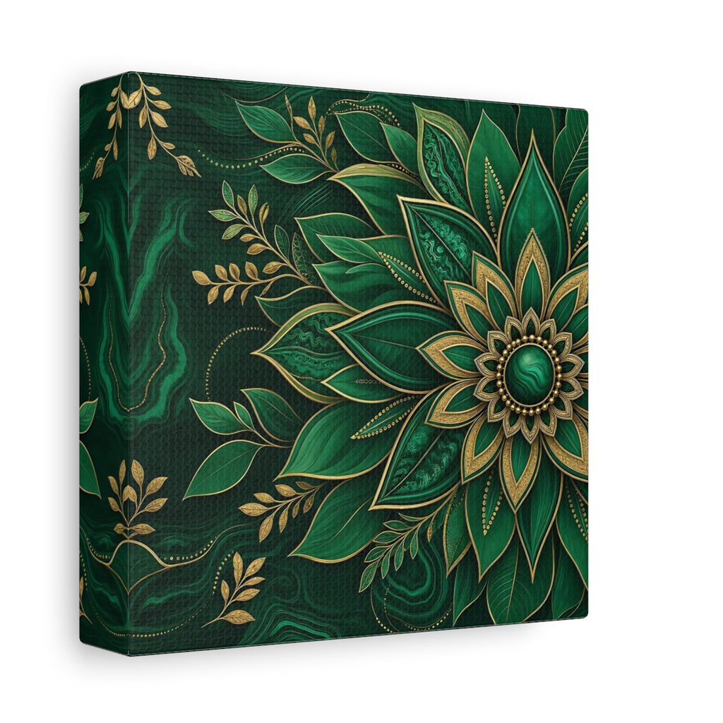 Side Mockup 2. Floral Mandala Flower Emerald Gold shown as stretched canvas wall art
