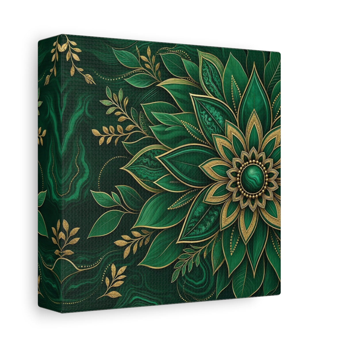 Side Mockup 2. Floral Mandala Flower Emerald Gold shown as stretched canvas wall art