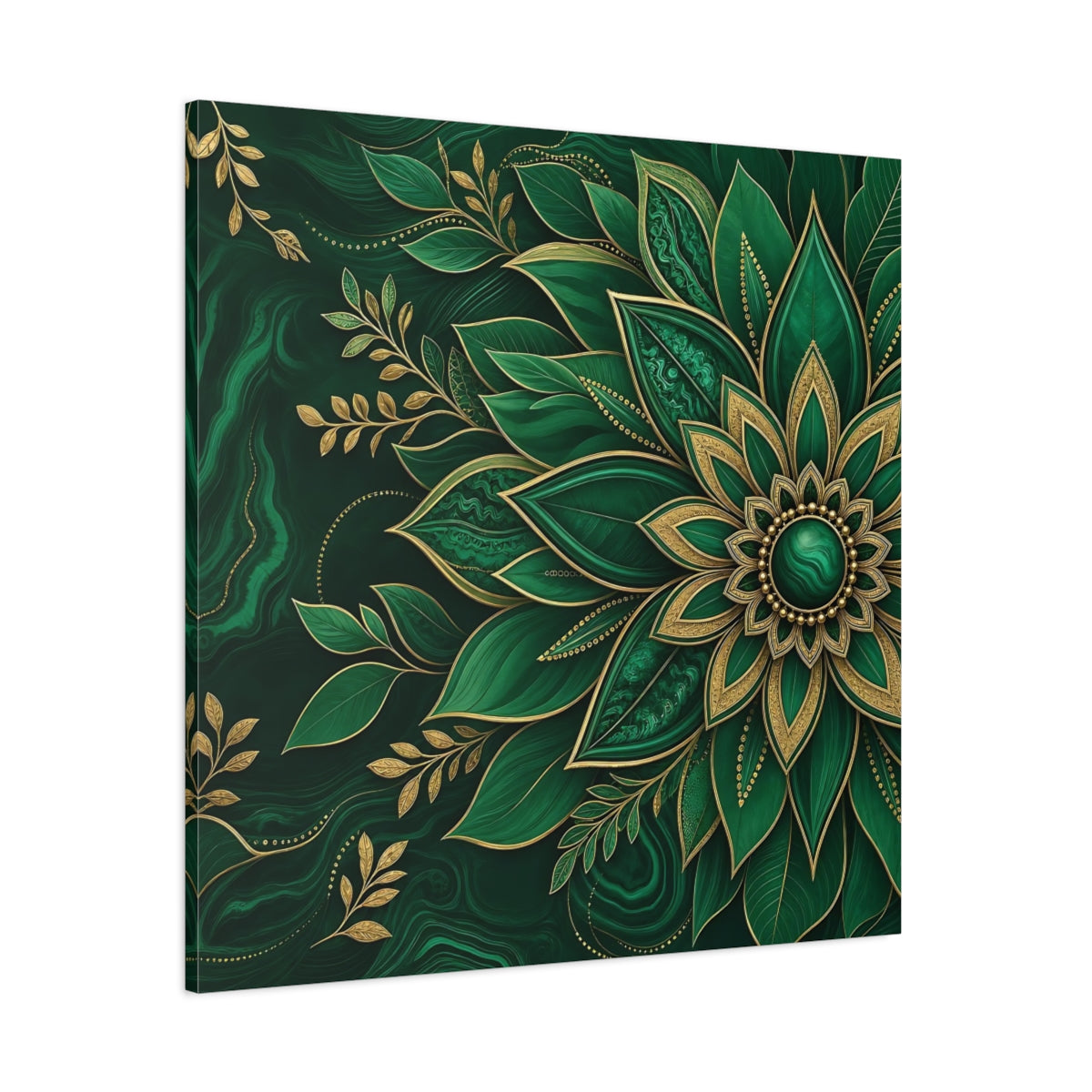 Side Mockup 1. Floral Mandala Flower Emerald Gold shown as stretched canvas wall art