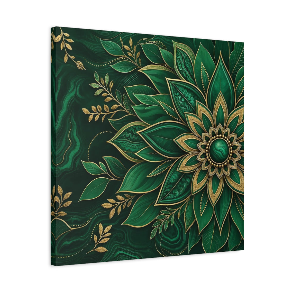 Side Mockup 4. Floral Mandala Flower Emerald Gold shown as stretched canvas wall art