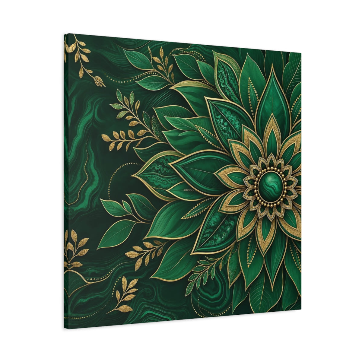 Side Mockup 3. Floral Mandala Flower Emerald Gold shown as stretched canvas wall art