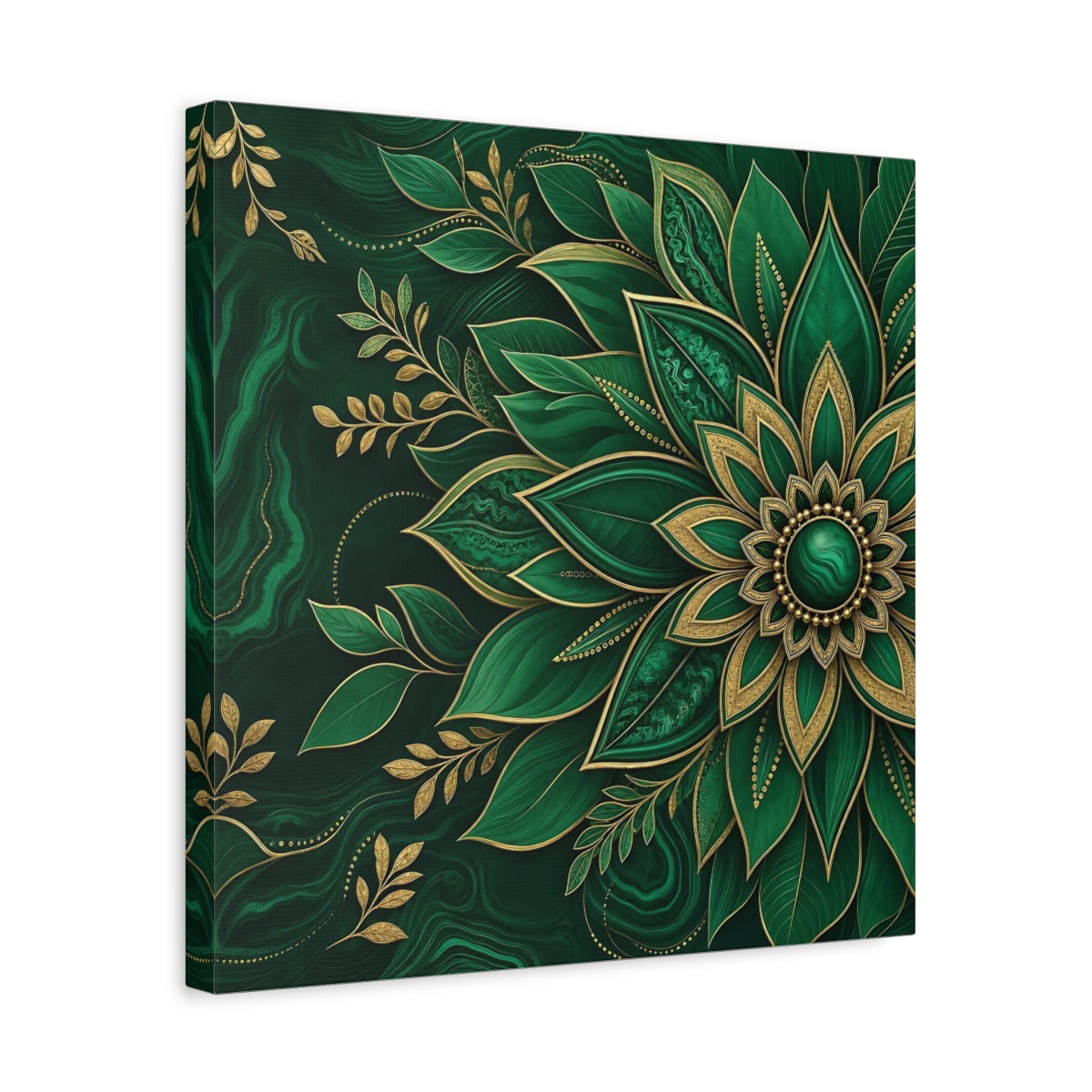 Side Mockup 6. Floral Mandala Flower Emerald Gold shown as stretched canvas wall art