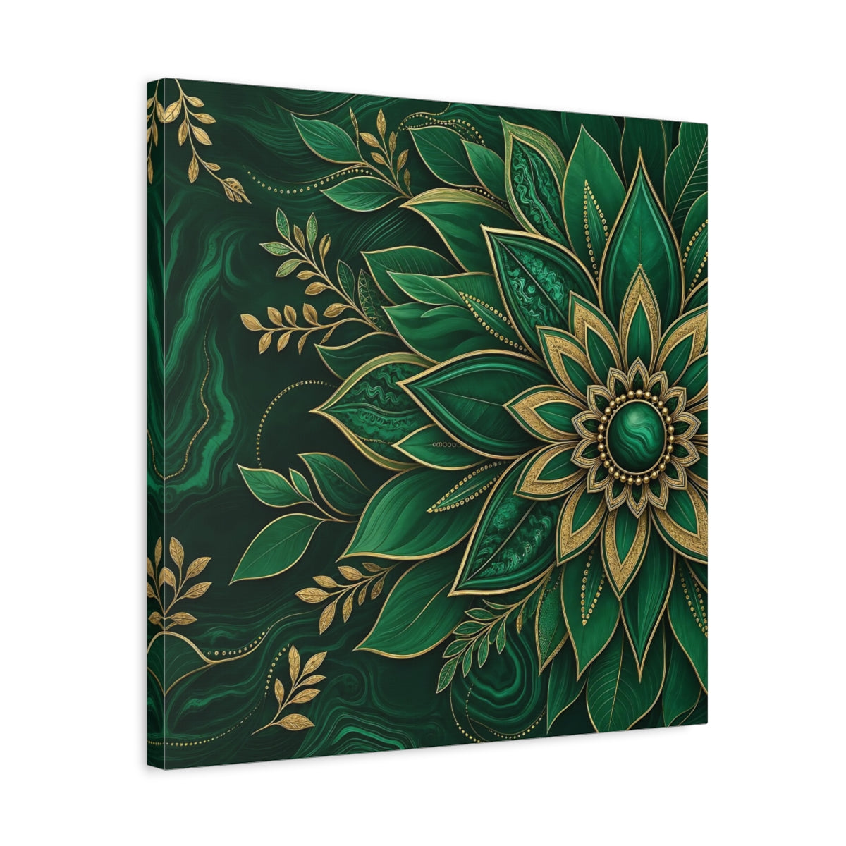 Side Mockup 5. Floral Mandala Flower Emerald Gold shown as stretched canvas wall art