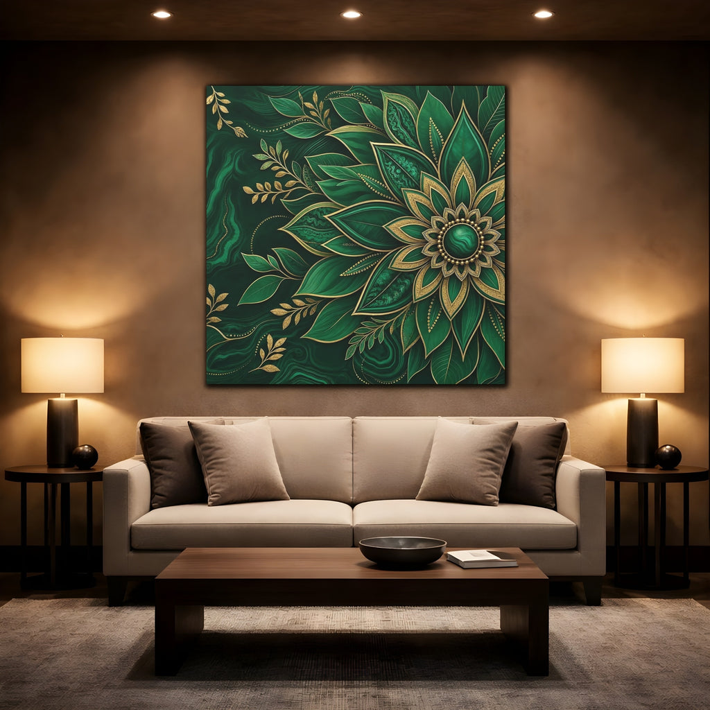 Mockup 2. Floral Mandala Flower Emerald Gold shown as stretched canvas wall art