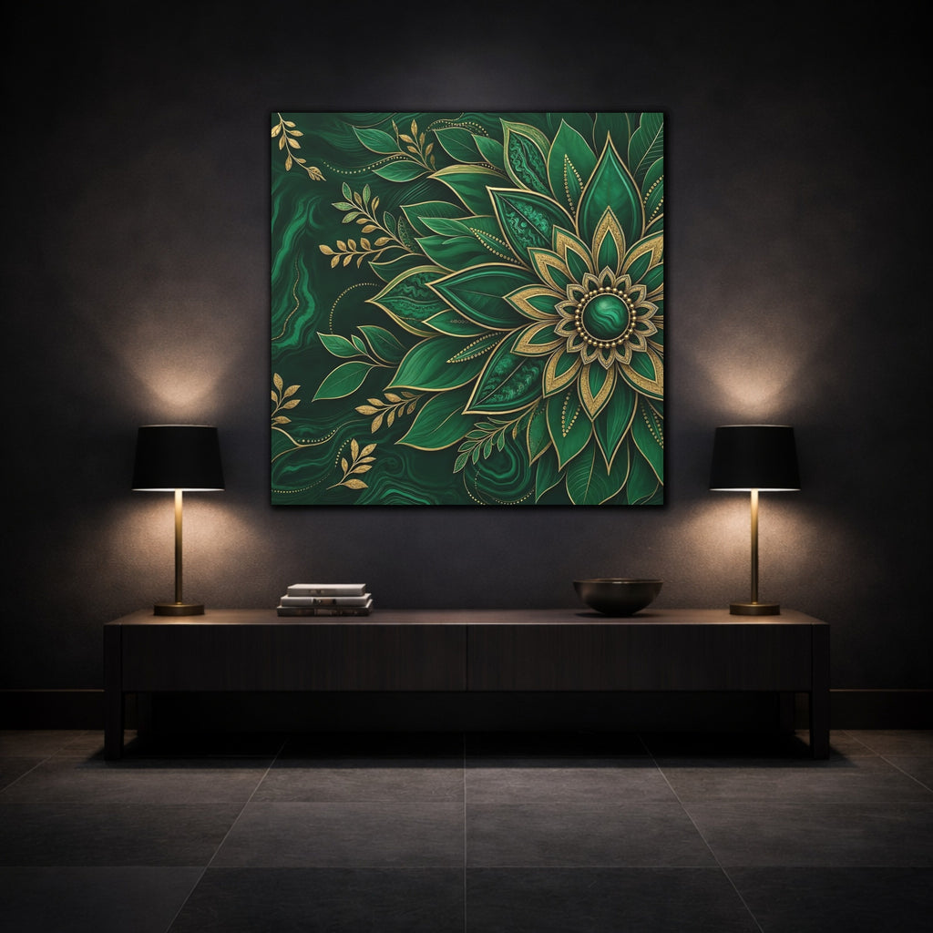 Mockup 3. Floral Mandala Flower Emerald Gold shown as stretched canvas wall art