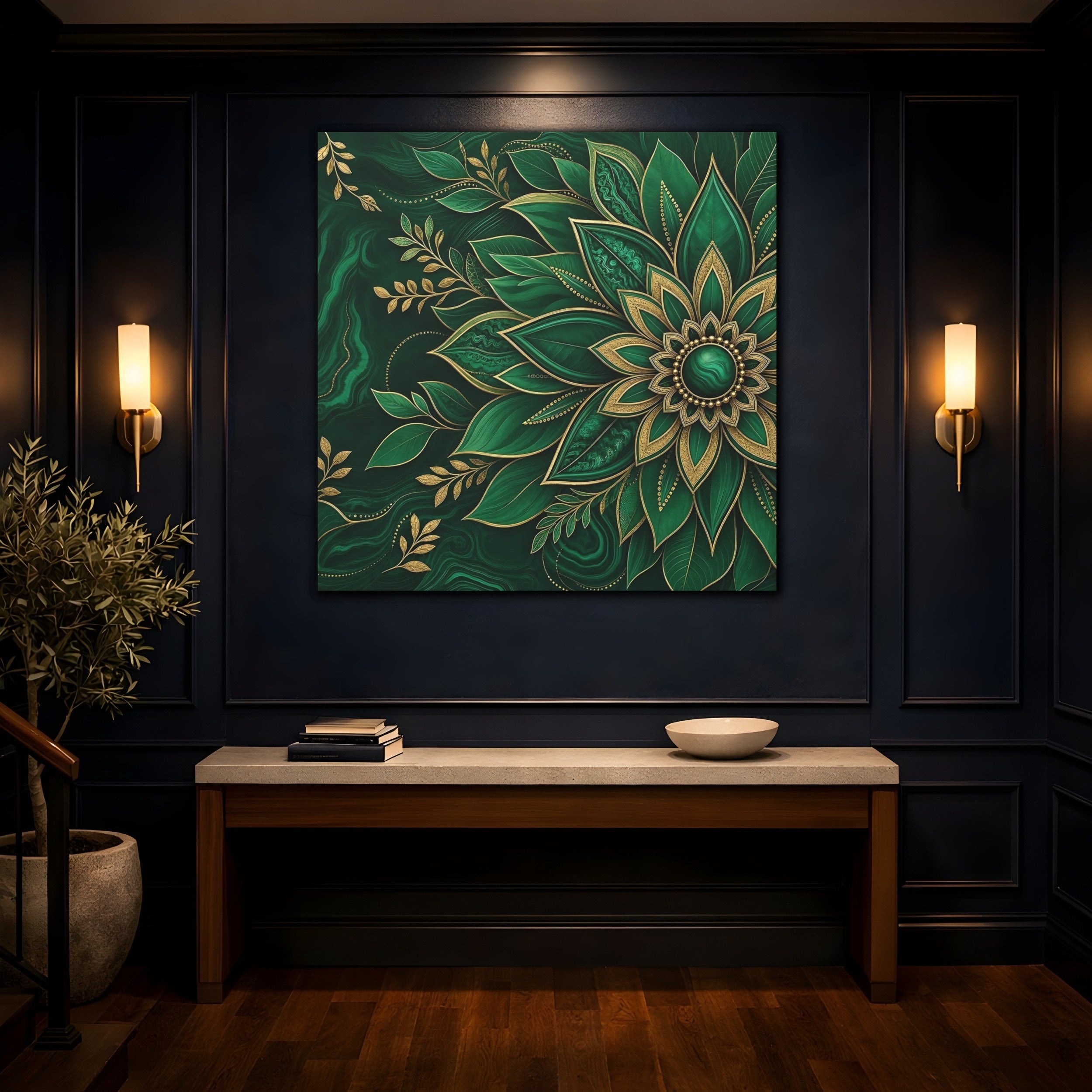 Mockup 4. Floral Mandala Flower Emerald Gold shown as stretched canvas wall art