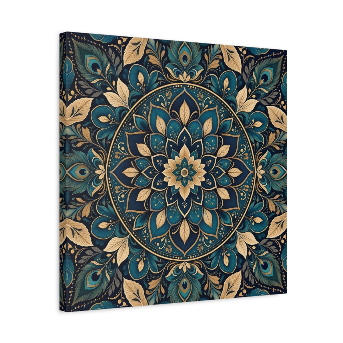 Side Mockup 5. Floral Mandala Teal Gold Mandala shown as stretched canvas wall art