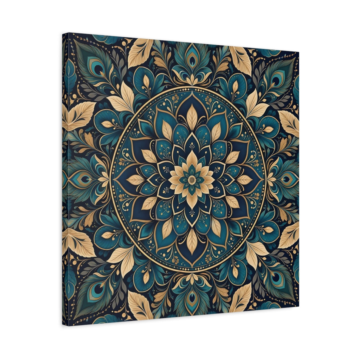 Side Mockup 4. Floral Mandala Teal Gold Mandala shown as stretched canvas wall art