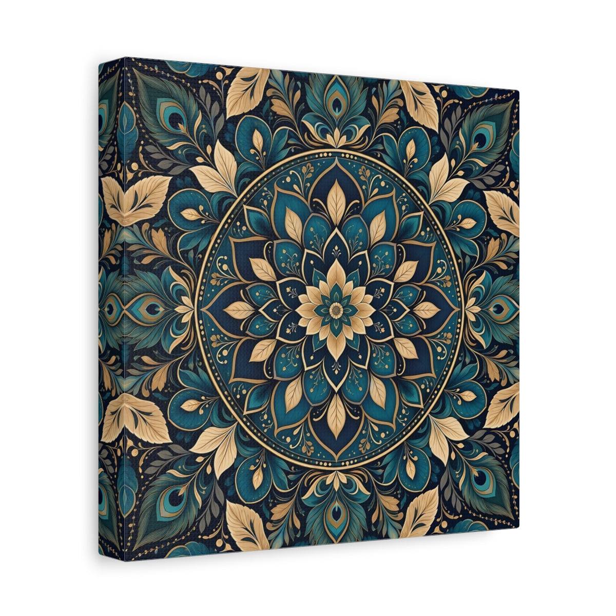 Side Mockup 9. Floral Mandala Teal Gold Mandala shown as stretched canvas wall art