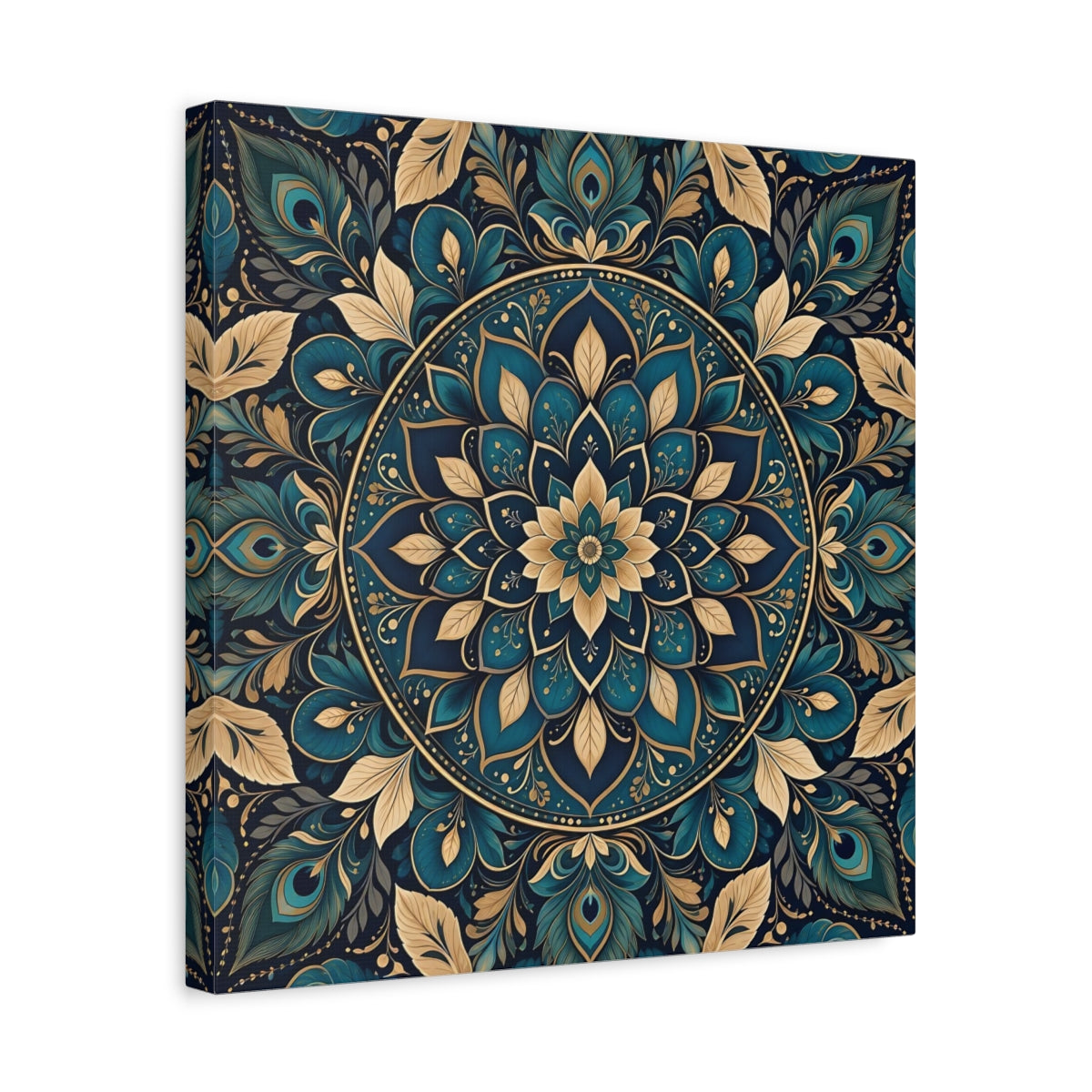 Side Mockup 6. Floral Mandala Teal Gold Mandala shown as stretched canvas wall art