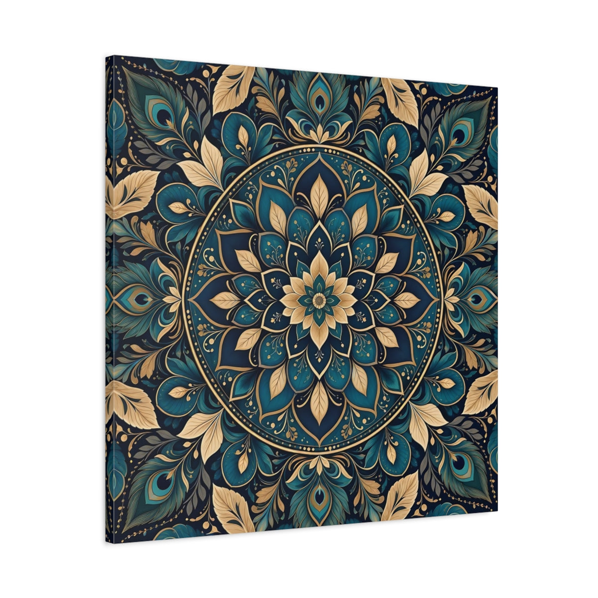 Side Mockup 3. Floral Mandala Teal Gold Mandala shown as stretched canvas wall art